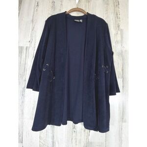 Chicos Travelers Cardigan Size 2 Large Navy Blue Lace Up Side Slinky Open Front